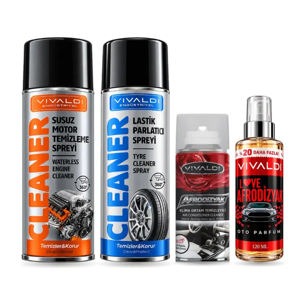 Vivaldi Araç Bakım ve Koku Seti: Susuz Motor Temizleme Spreyi 500 ml, Lastik Parlatıcı Spreyi 500 ml, Klima Koku Bombası 150 ml, Oto Parfüm 120 ml