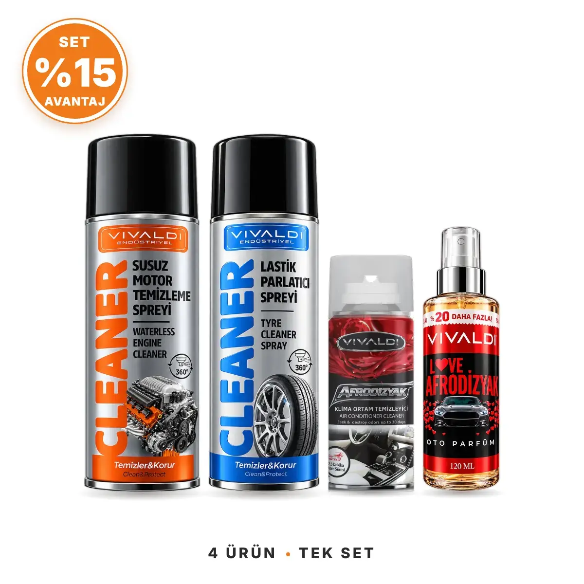 Vivaldi Araç Bakım ve Koku Seti: Susuz Motor Temizleme Spreyi 500 ml, Lastik Parlatıcı Spreyi 500 ml, Klima Koku Bombası 150 ml, Oto Parfüm 120 ml