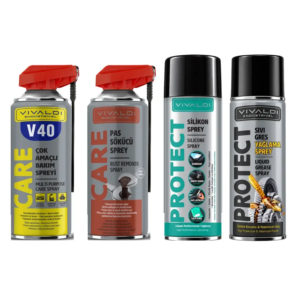 Atölye Bakım Seti: V40 Çok Amaçlı Bakım Spreyi 400 ml, Pas Sökücü Sprey 400 ml, Silikon Sprey 500 ml, Sıvı Gres Yağlama Spreyi 500 ml