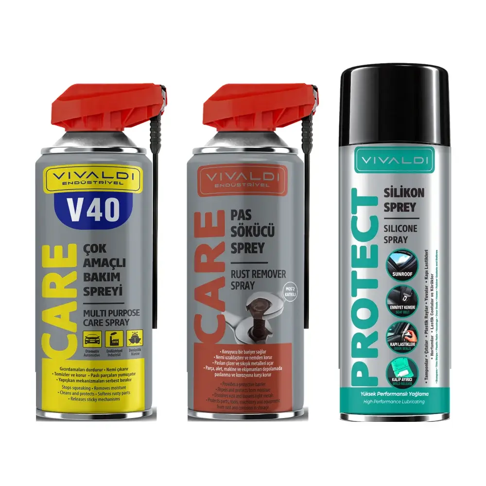 Ev & Genel Bakım Seti: V40 Çok Amaçlı Bakım Spreyi 400 ml, Pas Sökücü Sprey 400 ml, Silikon Sprey 500 ml