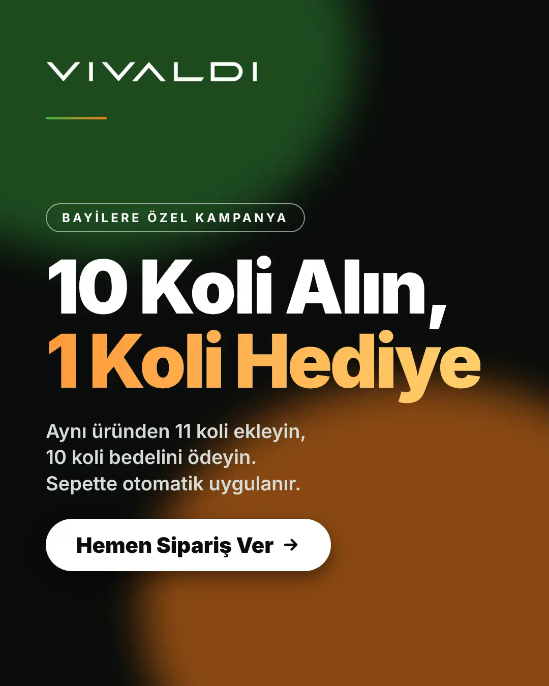 Bayilere özel kampanya: 10 koli alın, 1 koli hediye. Aynı üründen 11 koli sepete ekleyin, 10 koli bedelini ödeyin. Sepette otomatik uygulanır