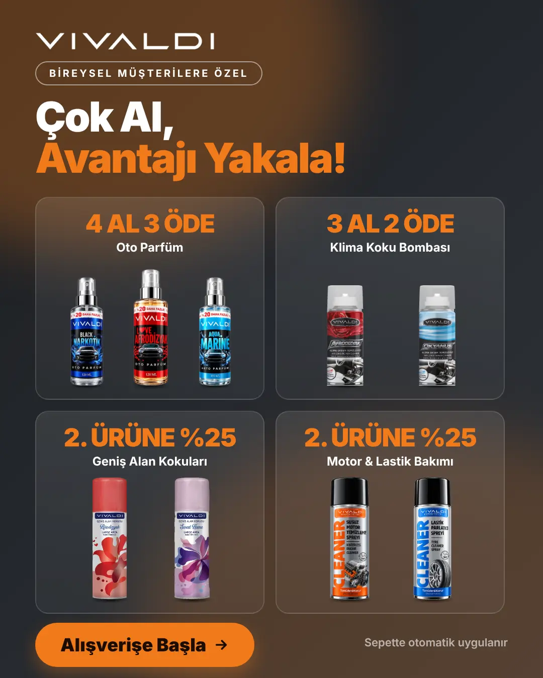 Bireysel müşterilere özel: Oto Parfüm 4 al 3 öde, Klima Koku Bombası 3 al 2 öde, Geniş Alan Kokuları ve Susuz Motor, Lastik Parlatıcı için 2. ürüne %25 indirim. Kampanyalar sepette otomatik uygulanır